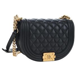 Borsa a Tracolla con Catena CHANEL Boy Chanel Pelle d'Agnello Nero Oro CC Auth BA14817SAM