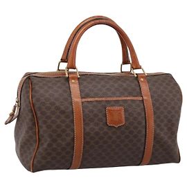 Céline Borsa Boston CELINE Macadam Canvas PVC Leather Brown Gold Auth 197619