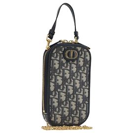 Christian Dior Trotter Canvas Oblique Phone Holder Navy Gold Auth 196681M