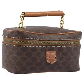 Céline Bolsa Vanity de Mão com Corrente CELINE Macadam Canvas PVC Couro Marrom Dourado Auth 199112A