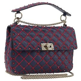 Borsa a tracolla Valentino Rock Studs Chain in pelle 2way Navy Gold Auth 198645M