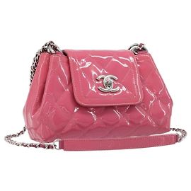 Borsa a tracolla con catena CHANEL Matelasse Pelle verniciata Rosa Argento CC Auth yk20768V