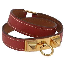 Hermès Pulseira HERMES Rival Double Tour Couro Vermelho Ouro Auth ka5905M