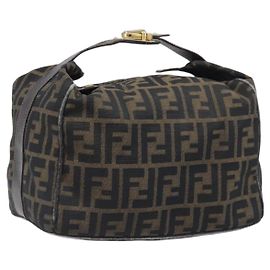 Borsa a mano Vanity Pouch FENDI Zucca Canvas Nero e Marrone Auth mr2846