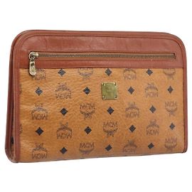Bolsa de Mão MCM Logogram Vicetos PVC Leather Brown Gold Auth 197776