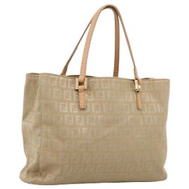 Borsa a mano FENDI Zucchino Canvas Beige Gold Auth 200893V