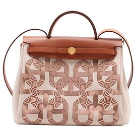 Hermès Herbag PM Twill Ash & Vache Hunter Leather & Canvas Zip Top-handle Handbag Beige
