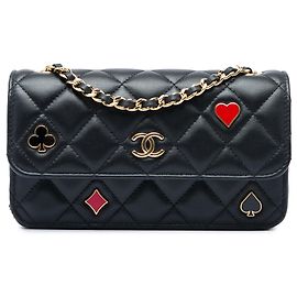 Chanel Coco Casino Handyhalter Crossbody-Tasche mit Kette aus gestepptem Lammleder in Schwarz