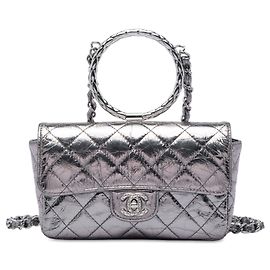 Borsa Chanel Mini Quilted Metallic Crumpled Calfskin Ring Top Handle Flap Satchel Argento