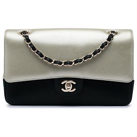 Chanel Medium Classic Bicolor Schultertasche aus schwarzem Kaviarleder und irisierendem Kalbsleder, Double Flap