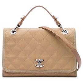 Bolsa Satchel de alça superior Chanel CC bicolor em couro Caviar matelassé e grosgrain marrom