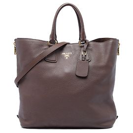 Borsa Tote Convertibile Prada Vitello Daino marrone con zip laterale