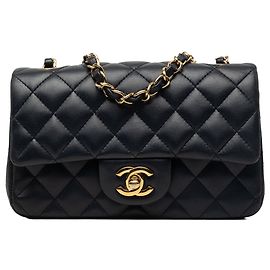 Borsa a tracolla Chanel Mini Rectangular Classic Single Flap in pelle d'agnello blu