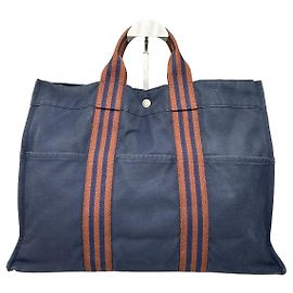 Hermès Borsa tote vintage Hermes in cotone Navy Rust Silver Snap