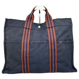 Hermès Borsa tote vintage Hermes in tela a righe blu navy e marrone