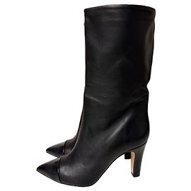Autre Marque Women's Black Leather Mid-Calf Boots with Patent Toe