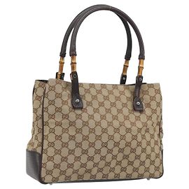 GUCCI Bolso de mano de lona GG Bamboo Beige Plata 112526