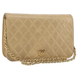 CHANEL Matelasse Chain Shoulder Bag Lamb Skin Beige Gold CC