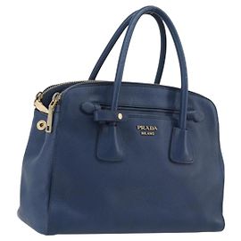 PRADA Hand Bag Leather Blue Gold Tone