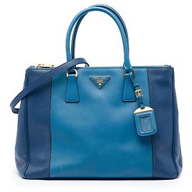 Borsa Prada Galleria Double Zip Grande Bicolore in Saffiano Lux Blu