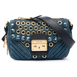 Miu Miu Blue Denim Grommet and Crystal Embellished Biker Crossbody