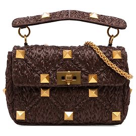 Valentino Roman Stud Satchel Medium aus Raffia in Braun