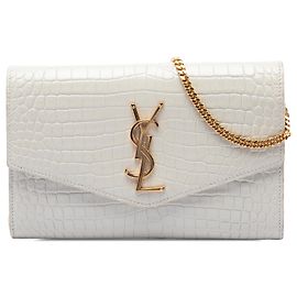 Portafoglio a catena Uptown Saint Laurent in pelle embossed effetto coccodrillo bianco