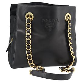 PRADA Chain Shoulder Bag Leather Black Gold