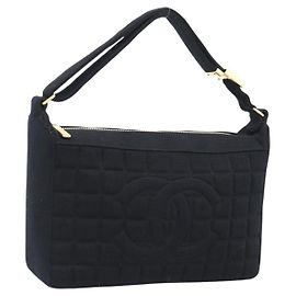 CHANEL Choco Bar Hand Bag Cotton Black Gold CC