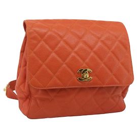 CHANEL Matelasse Backpack Caviar Skin Orange Gold CC