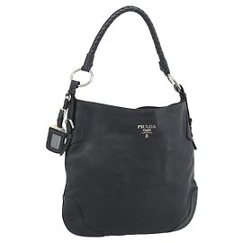 PRADA Schultertasche Leder Schwarz Silber