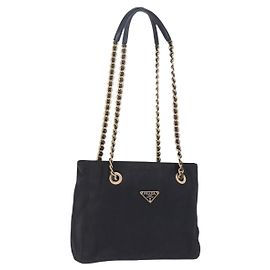 PRADA Chain Shoulder Tote Bag Nylon Schwarz Gold