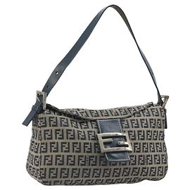 FENDI Zucchino Canvas Mamma Baguette Schultertasche Navy Silver