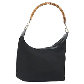 GUCCI Bamboo Hand Bag Nylon Black Silver