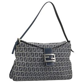FENDI Zucchino Canvas Mamma Baguette Shoulder Bag Navy Silver