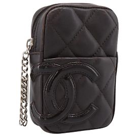 CHANEL Cambon Line Matelasse Pouch Leather Dark Brown Silver CC Auth 200180A