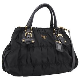 Borsa a mano arricciata PRADA Nylon 2way Nero Oro Auth 199147V