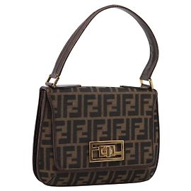 FENDI Zucca Canvas Mamma Baguette Schultertasche Braun Goldfarben Auth 200203