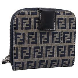 Portafoglio FENDI Zucchino Canvas Navy Silver Auth 200177