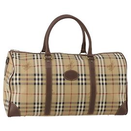 Burberrys Nova Check Boston Bag PVC Leather Beige Gold Tone Auth ep15687