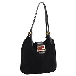 Bolso Tote FENDI Mamma Baguette de gamuza negra y dorado Auth 198883A
