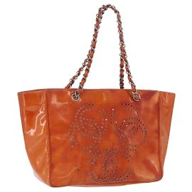 Borsa a tracolla CHANEL Triple Coco Chain in vernice Arancione Silver CC Auth 200643