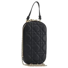 Portacellulare Christian Dior Cannage in pelle nera e oro Auth 196679V