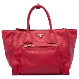Borsa Tote convertibile Prada Vitello Daino rossa con tasca frontale