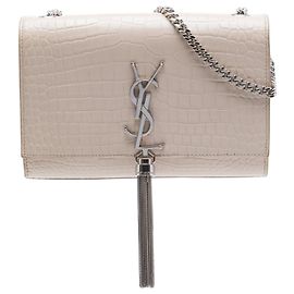 Bolsa Tiracolo Saint Laurent Kate Tassel Medium em couro com relevo de crocodilo marrom e monograma