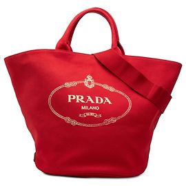 Borsa Tote Satchel Prada in tela Canapa con logo rossa