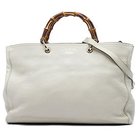 Borsa Shopper Satchel Gucci Large in pelle di vitello bianca con bambù