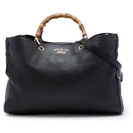 Borsa Shopper Satchel Gucci Large in pelle di vitello nera con Bambù