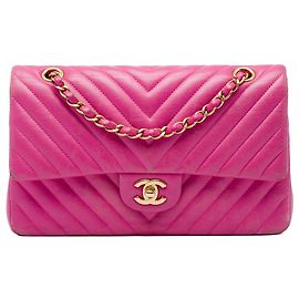 Borsa a tracolla Chanel Medium Classic Chevron in pelle d'agnello Double Flap Rosa