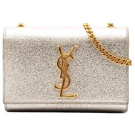 Borsa a tracolla Kate Small in pelle di vitello metallizzata con monogramma dorata Saint Laurent